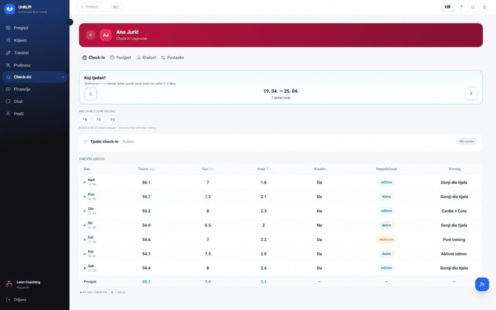 Weekly client check-in - progress tracking in UnitLift