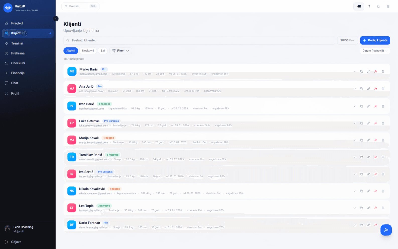 Online client list in UnitLift personal trainer app