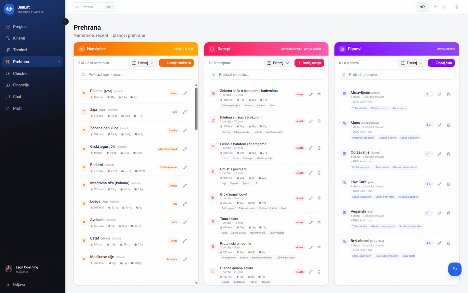 Meal plan and macros in UnitLift personal trainer app