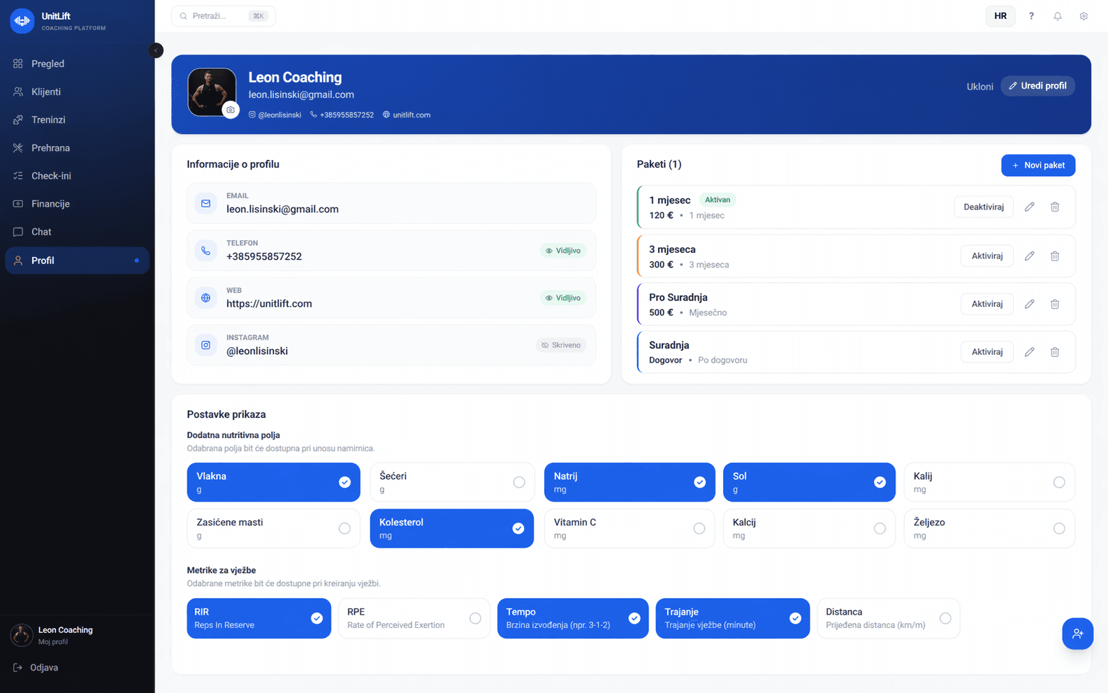 Coach profile and settings in UnitLift online coaching app