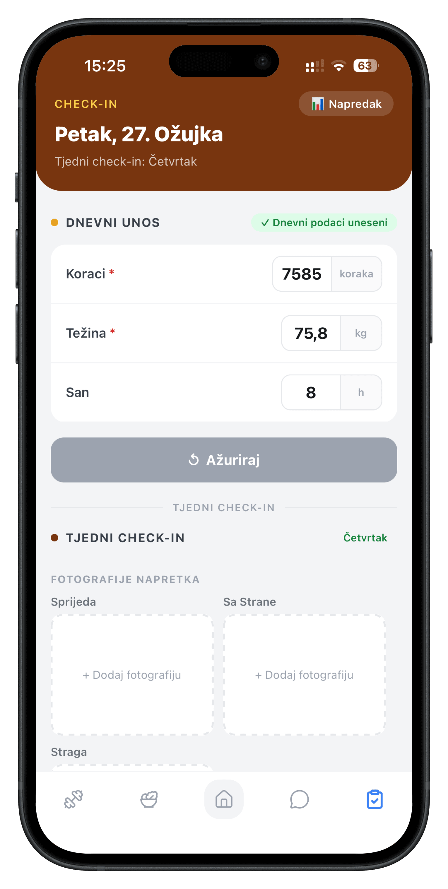 Client check-ins for personal trainers - weekly metrics in the app